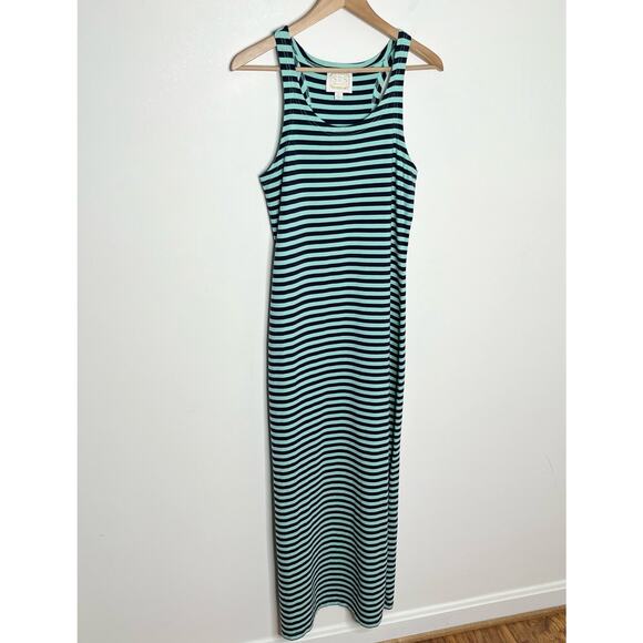 Sail To Sable Women Sleeveless Maxi Dress XS Green Navy Stripe Side Slit Coastal - Picture 3 of 10